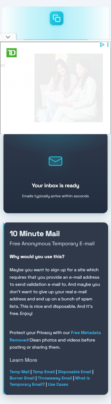 10 Minute Mail mobile inbox interface tested on 2026-07-31