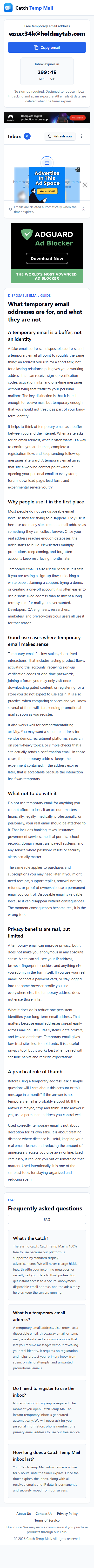 Catch Temp Mail mobile inbox interface tested on 2026-07-31