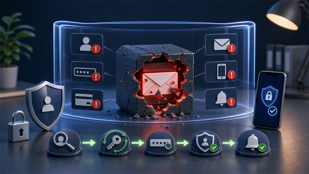 Illustration of an exposed email address inside a breached database with security recovery tools nearby