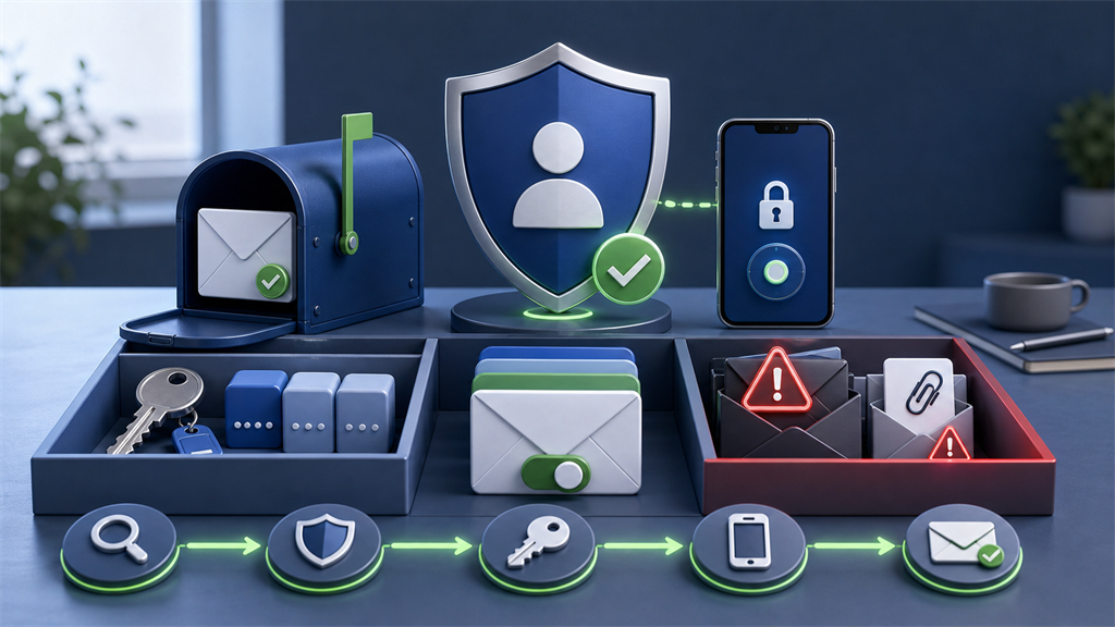 Illustration of post-breach security hardening with password keys, multifactor protection, and email aliases