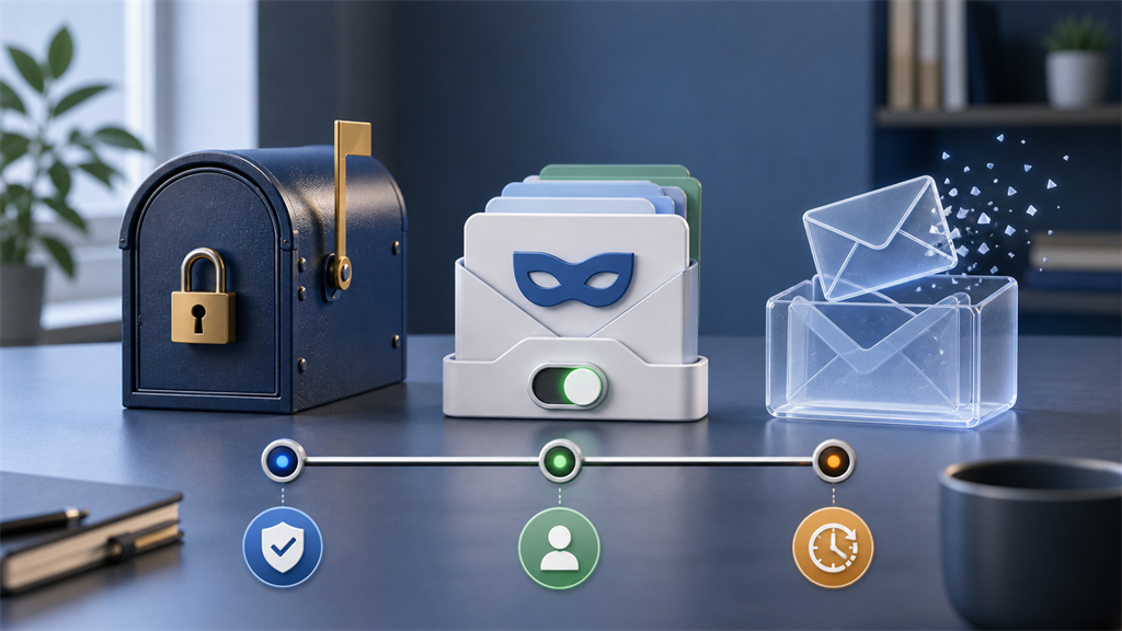 Illustration showing permanent email, email aliases, and temporary inboxes as separate privacy choices