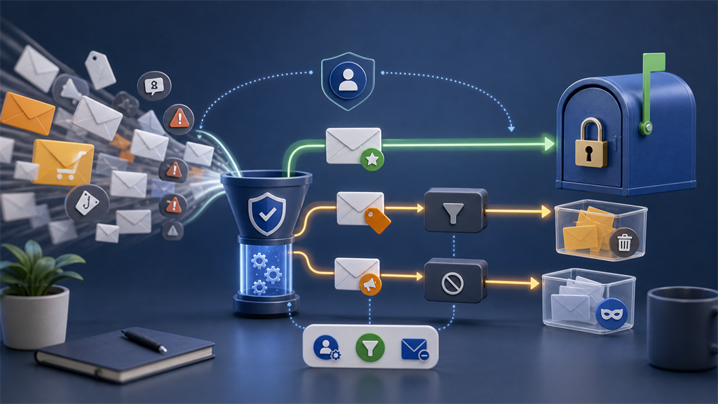 Illustration of important email flowing into a secure inbox while unwanted messages are filtered away