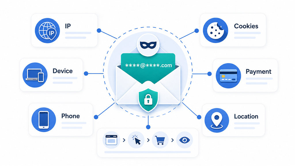 Illustration showing that temporary email can hide an address while other identifiers such as IP, cookies, device, payment, phone, and location may remain visible