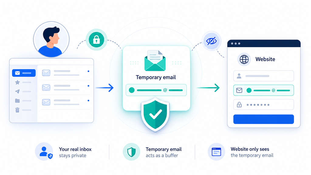 Illustration showing temporary email acting as a privacy buffer between a real inbox and a website signup form
