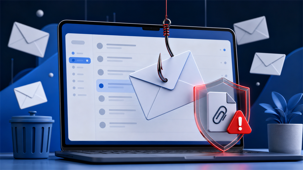 Illustration showing suspicious email and attachment risks protected by a warning shield