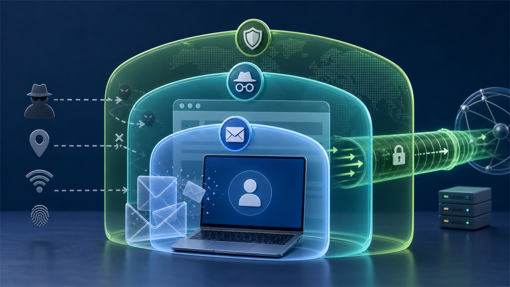 Illustration of temporary email, private browsing, and VPNs as separate privacy layers around a laptop