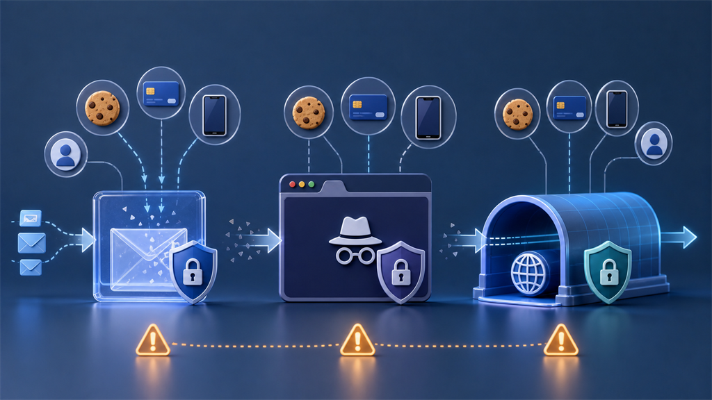Illustration showing privacy tools blocking some signals while other identifiers may remain visible