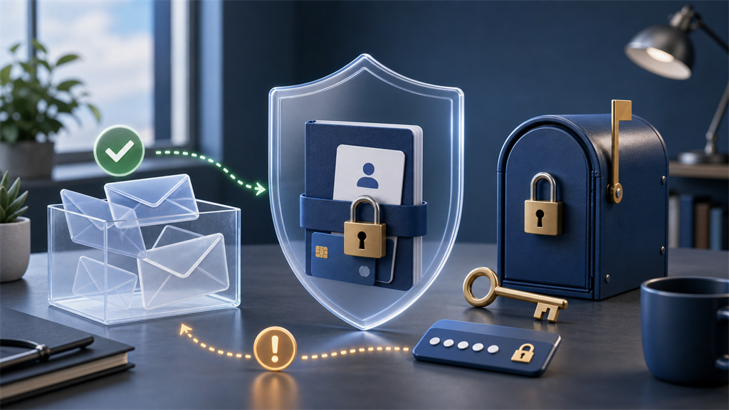 Illustration showing temporary email used for low-risk signups while important accounts stay protected