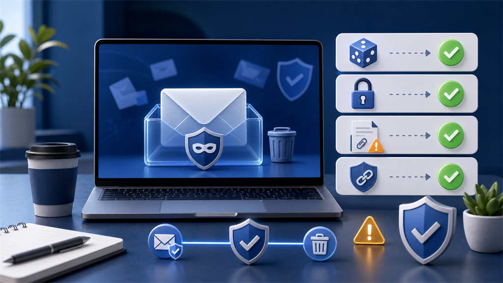 Illustration of practical temporary email safety checks using privacy and security symbols